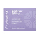 Purple packaging of Celebrate Balance dietary supplement with text on a white background