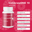 Supplement bottle labeled 'CelebrateONE 18 with Iron' on a white background