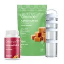 Celebrate Calcium Citrate soft chews packaging, Celebrate ONE 45 supplement bottle, and a clear container on a white background.