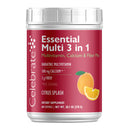 Multivitamin supplement container with red label and white lid on a white background