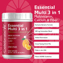 Multivitamin supplement container with features on a red background