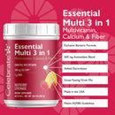 Multivitamin supplement container with features on a red background
