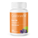 Supplement bottle labeled 'Celebrate Iron 30 + Vitamin C' on a white background