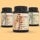 Three containers of Iron Feather Collagen on a beige background