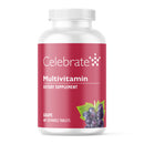 Multivitamin dietary supplement bottle with red label and white cap on a white background