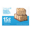 Box of Celebrate Fluffy Choco-Vanilla protein bars with a stack of bars on a white background