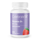 Vitamin D3 supplement bottle with purple label and strawberry illustration on a white background
