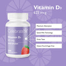 Vitamin D3 supplement bottle with purple label and strawberry illustration on a white background