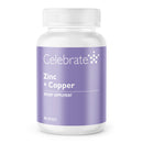 Supplement bottle labeled 'Celebrate Zinc + Copper' on a white background